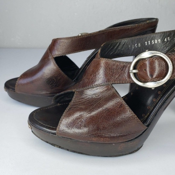 YSL YVES SAINT LAURENT Platform Mules Brown Leather Wood Clog Heels Size 40 - Picture 8 of 14